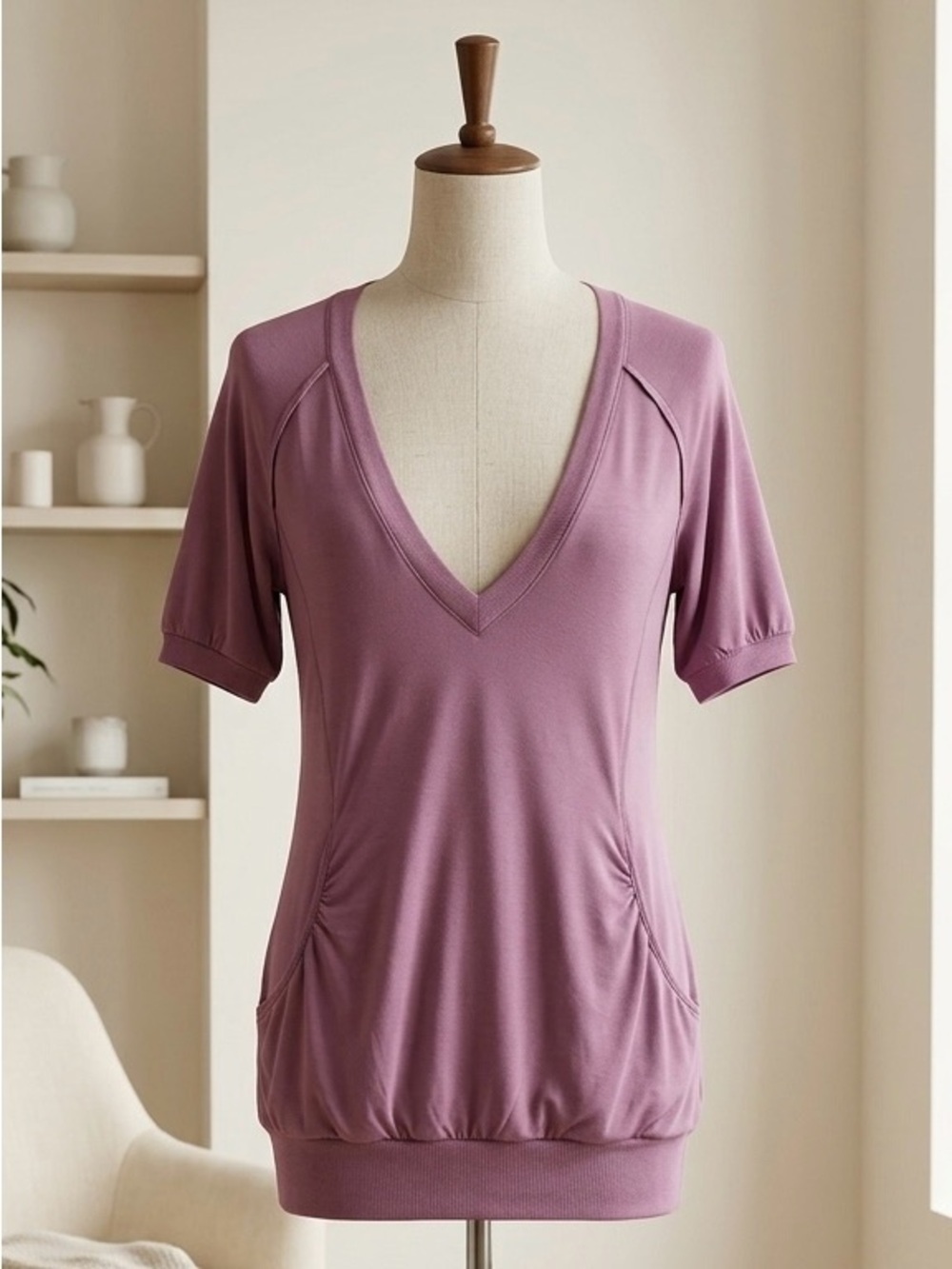 Wilfred| Aritzia| Casual Comfy Dusty Rose Pink Knit Deep-V Tunic‎ Top Sz XXS
